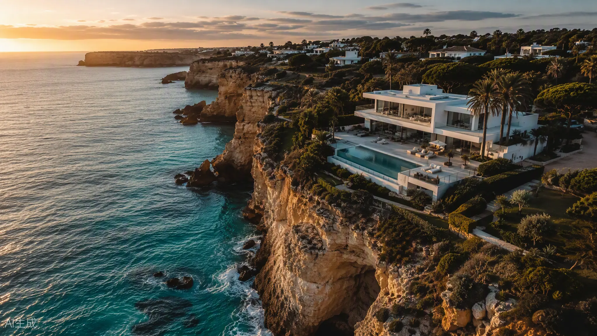 Golden-hour aerial view of a white Algarve villa with infinity pool on ochre cliffs above the turquoise sea