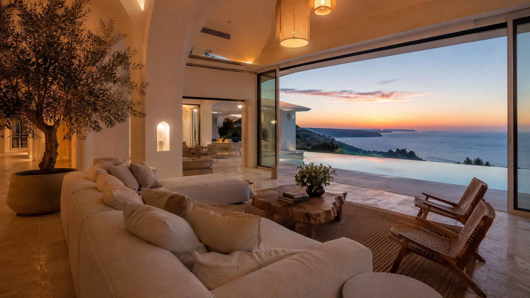 Luxury Algarve villa interior at dusk, arches, warm light, pool and sea beyond the glass